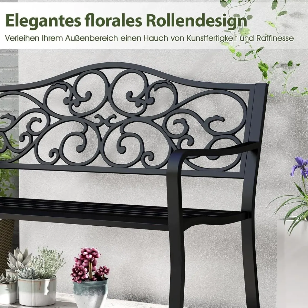 Metall Gartenbank für 2 Sitzer mit Rückenlehne & Armlehne Sitzbank Parkbank Eisenbank