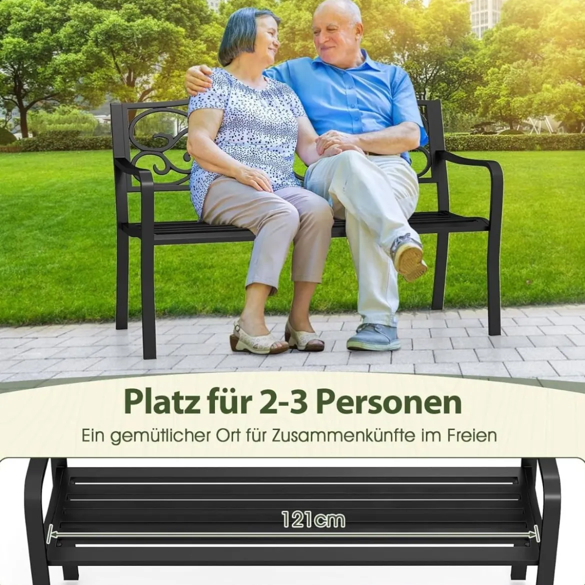 Metall Gartenbank für 2 Sitzer mit Rückenlehne & Armlehne Sitzbank Parkbank Eisenbank