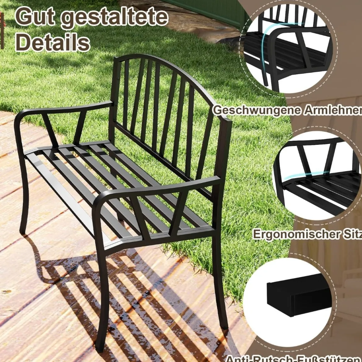 Metall Gartenbank für 2 Sitzer mit Rückenlehne & Armlehne Wetterfeste Sitzbank Metallbank
