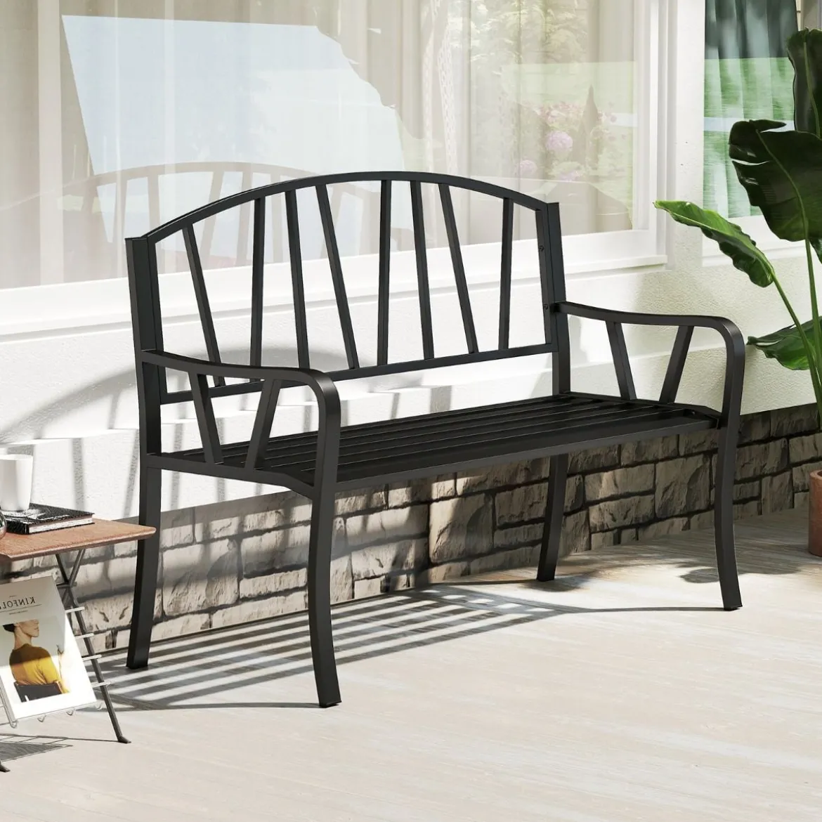 Metall Gartenbank für 2 Sitzer mit Rückenlehne & Armlehne Wetterfeste Sitzbank Metallbank