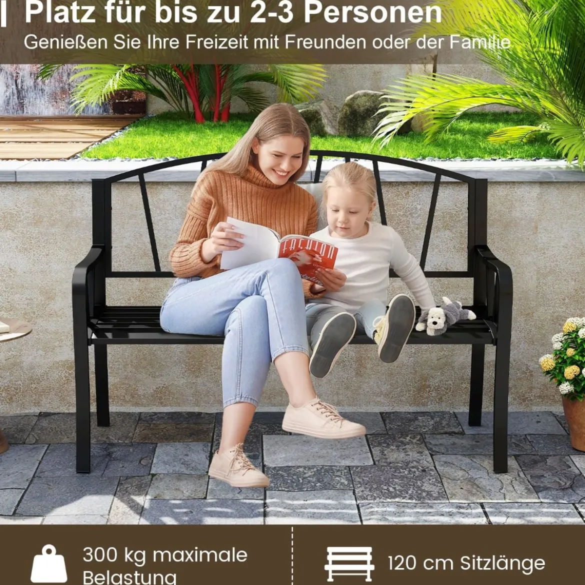Metall Gartenbank für 2 Sitzer mit Rückenlehne & Armlehne Wetterfeste Sitzbank Metallbank