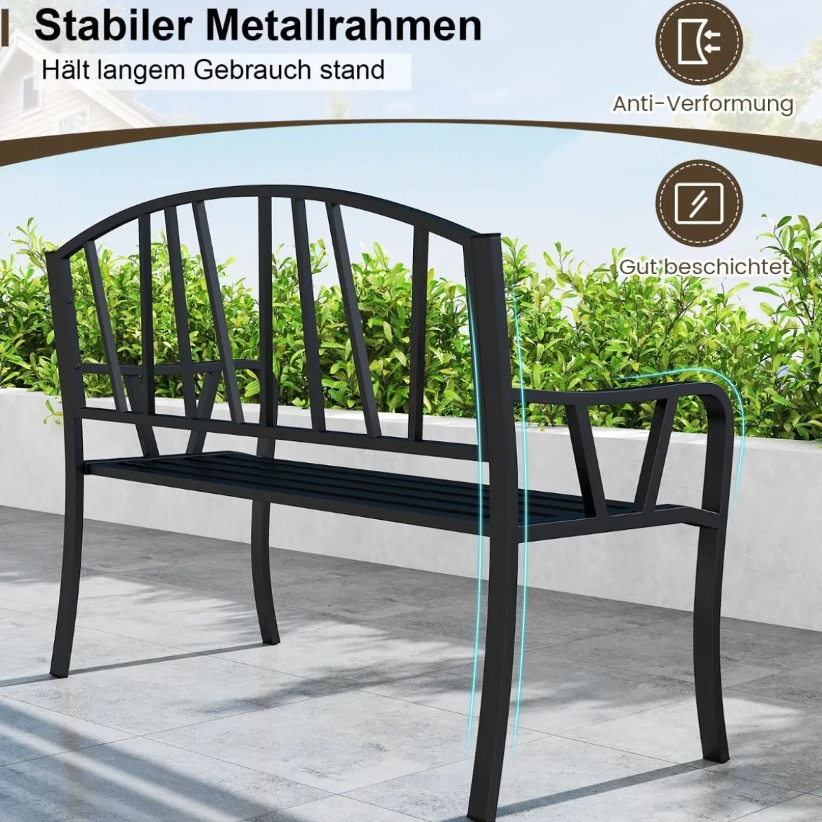 Metall Gartenbank für 2 Sitzer mit Rückenlehne & Armlehne Wetterfeste Sitzbank Metallbank