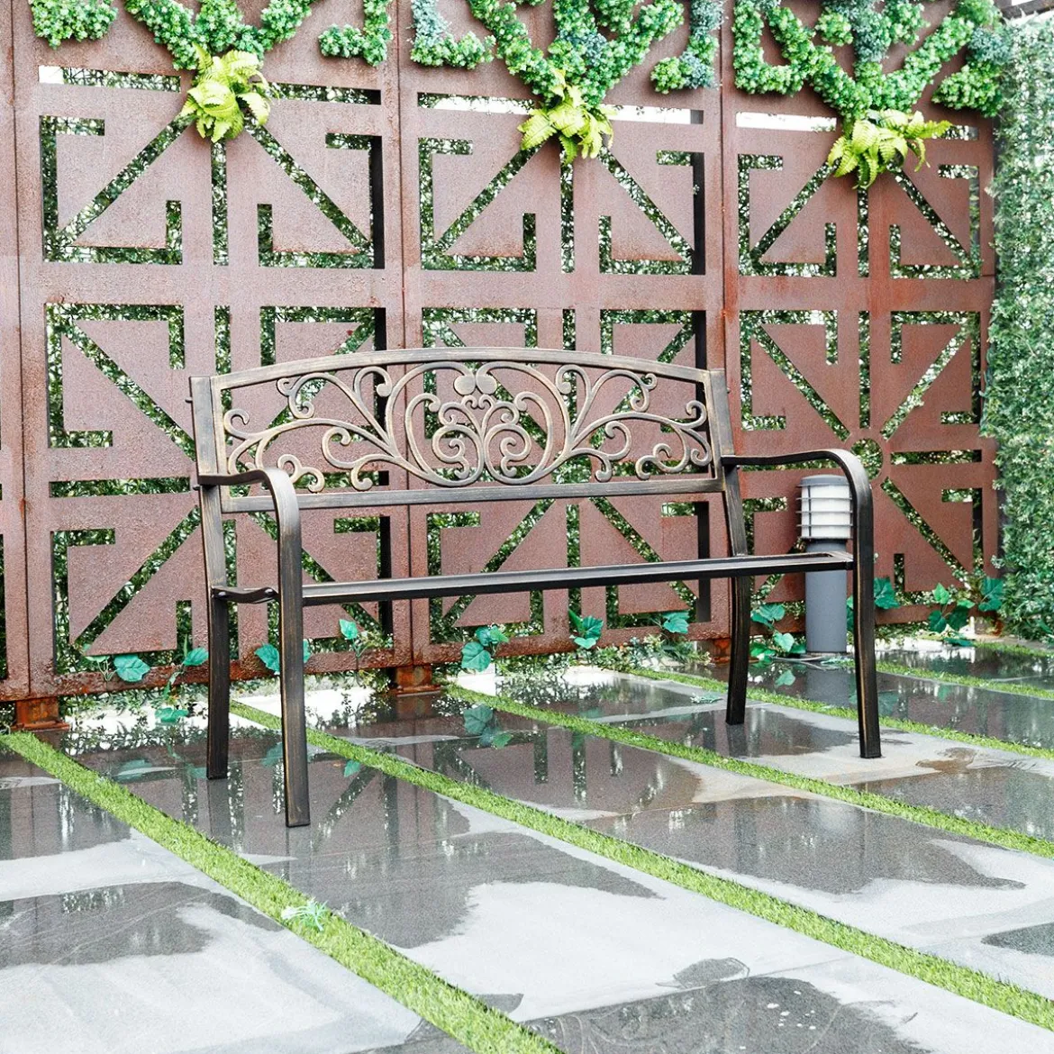 Metall Gartenbank für 2-3 Sitzer Sitzbank aus Gusseisen Parkbank mit Rückenlehne & Armlehne