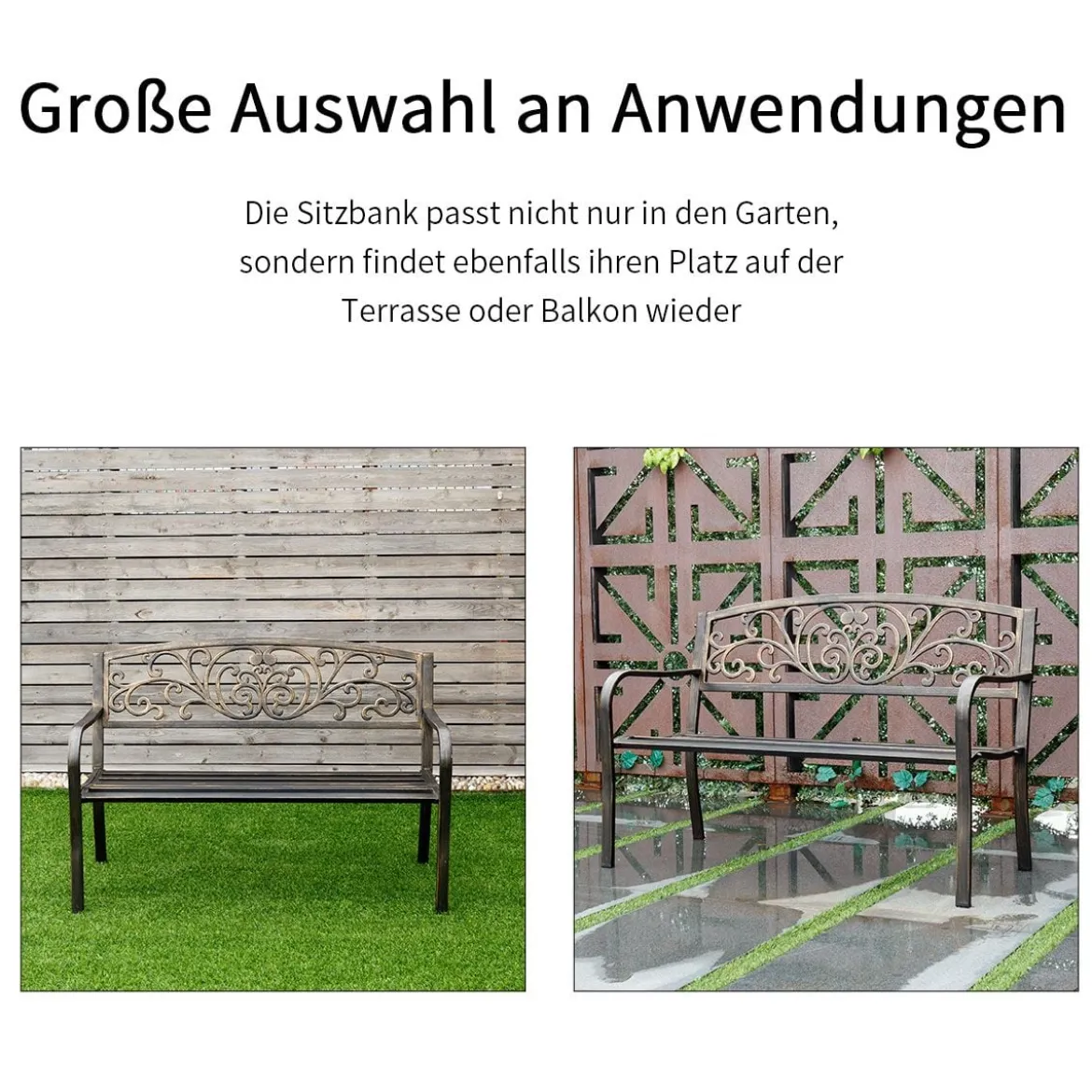 Metall Gartenbank für 2-3 Sitzer Sitzbank aus Gusseisen Parkbank mit Rückenlehne & Armlehne