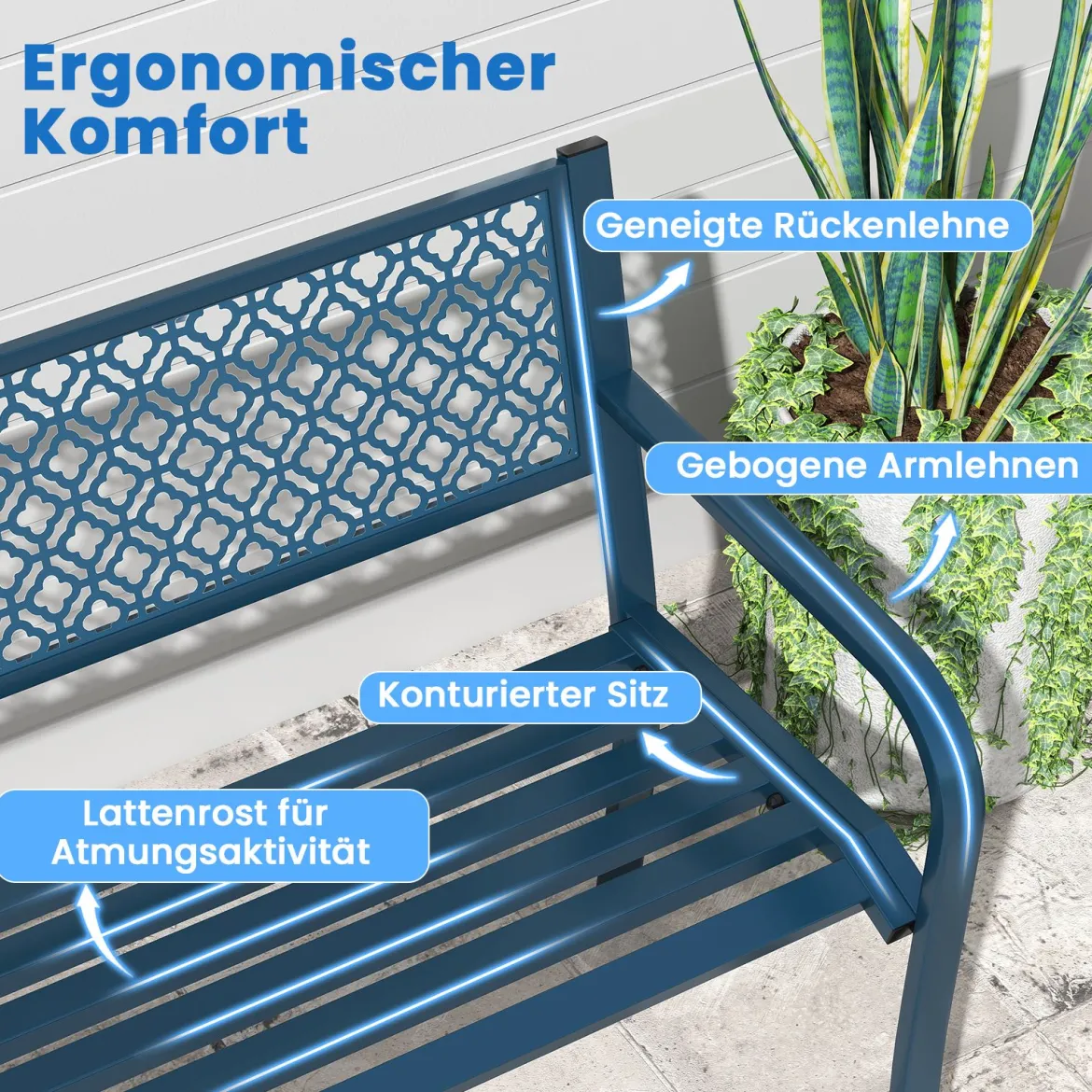 Metall Gartenbank Wetterfeste Sitzbank für 2 Personen Balkonbank mit Rückenlehne