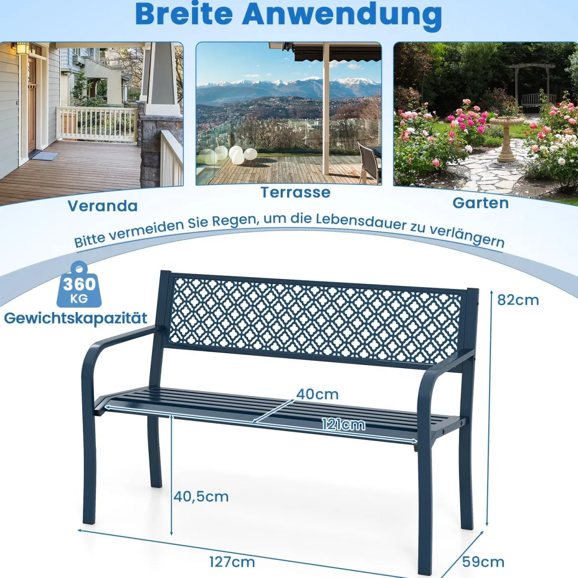 Metall Gartenbank Wetterfeste Sitzbank für 2 Personen Balkonbank mit Rückenlehne