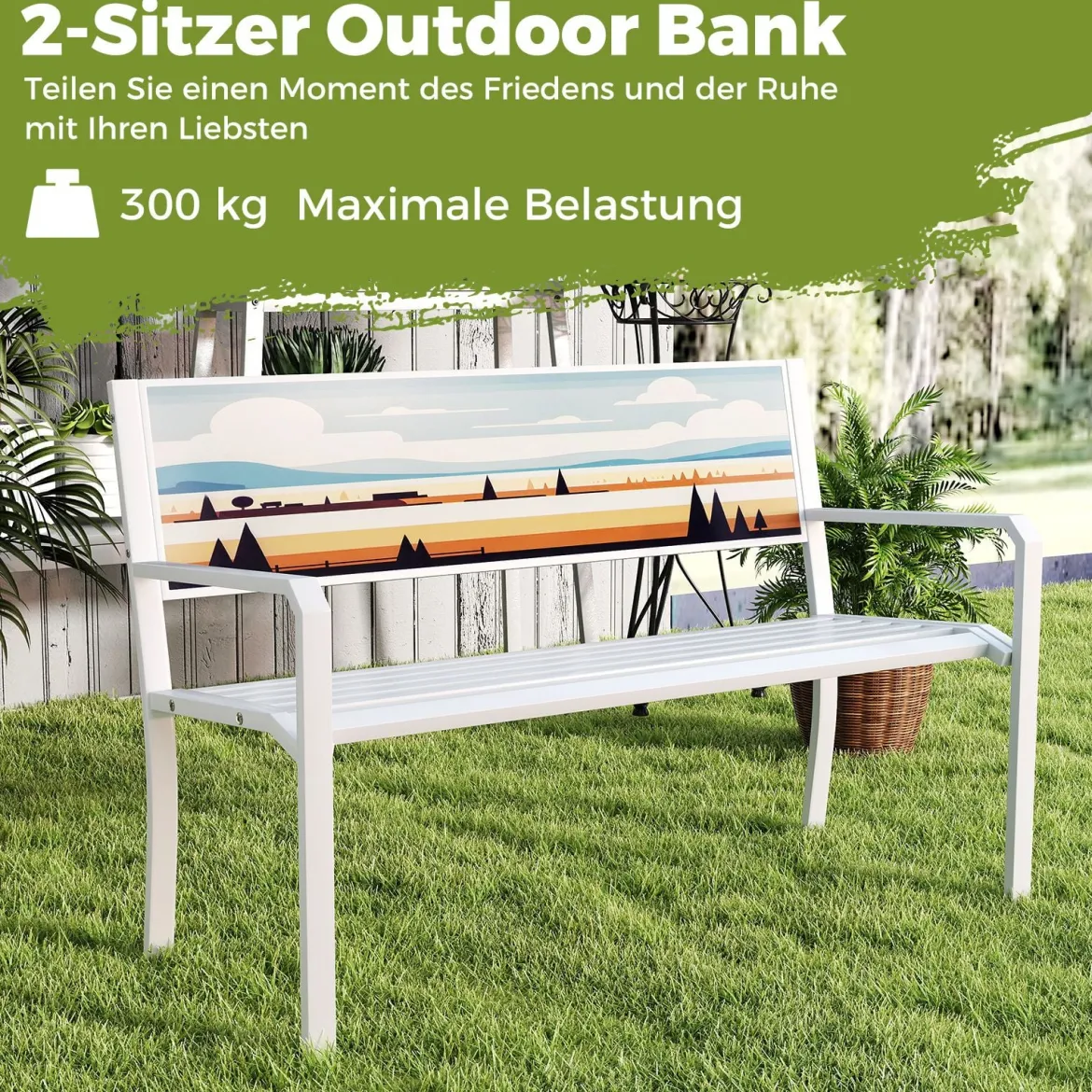 Metall Gartenbank Wetterfeste Sitzbank für 2 Sitzer Parkbank bis 300 kg Belastbar Weiß