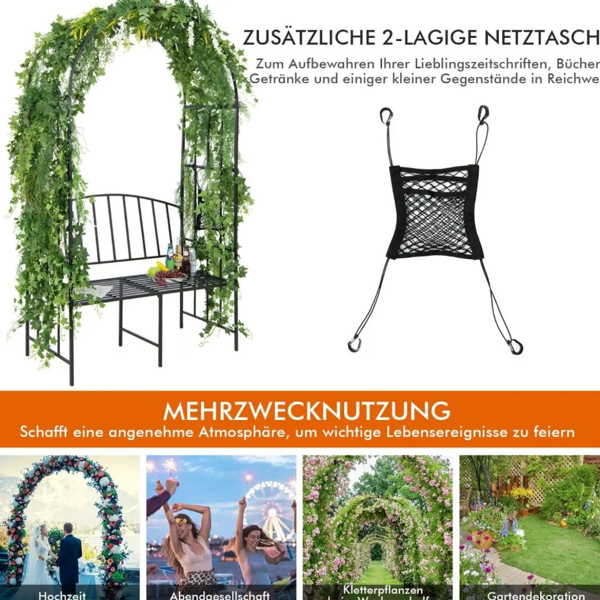 Metall-Gartenbogen mit 2er-Sitzbank & Aufbewahrungstasche Torbogen