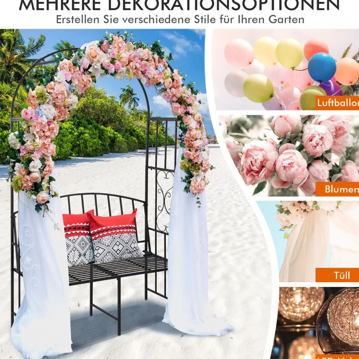 Metall-Gartenbogen mit 2er-Sitzbank & Aufbewahrungstasche Torbogen