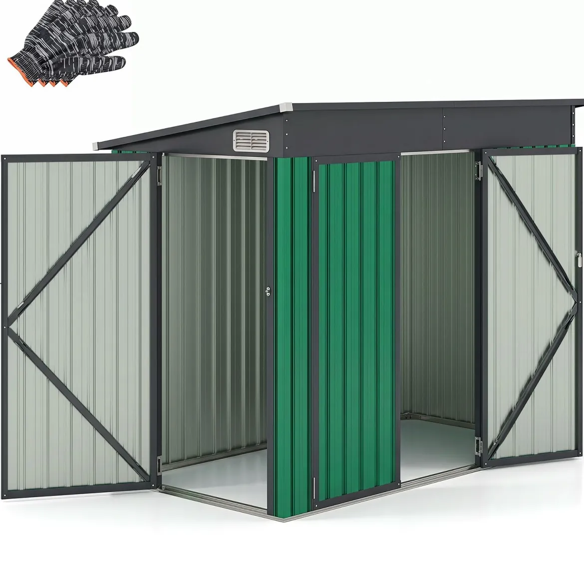 Metall Gartenhaus mit Vordertür & Seitentür & Pultdach Gerätehaus Geräteschuppen Grün