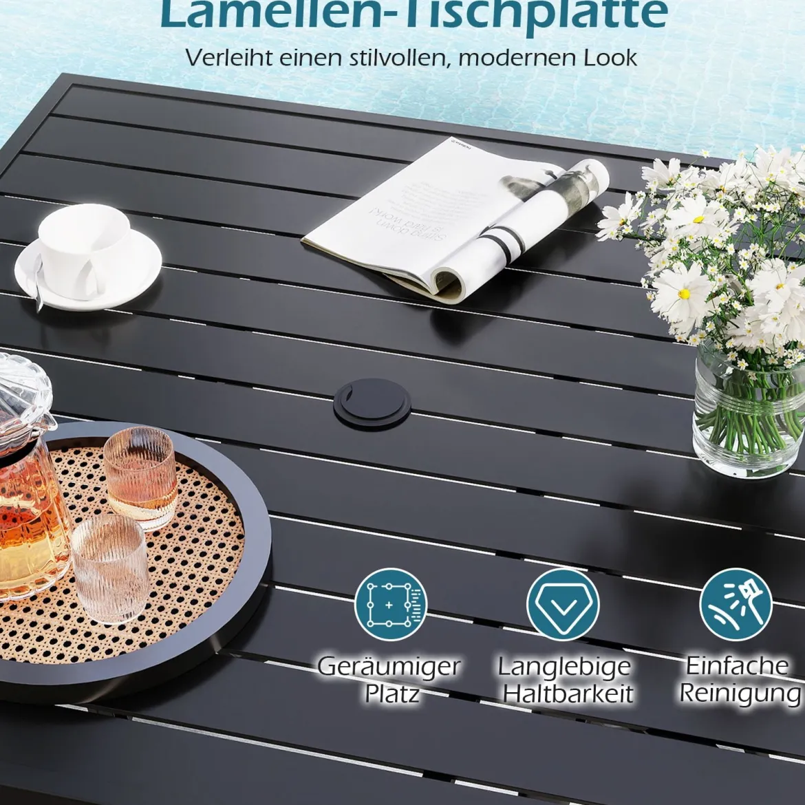 Metall Gartentisch mit Schirmloch Quadratischer Balkontisch für 4 Personen Terrassentisch Schwarz