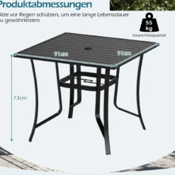 Metall Gartentisch mit Schirmloch Quadratischer Balkontisch für 4 Personen Terrassentisch Schwarz