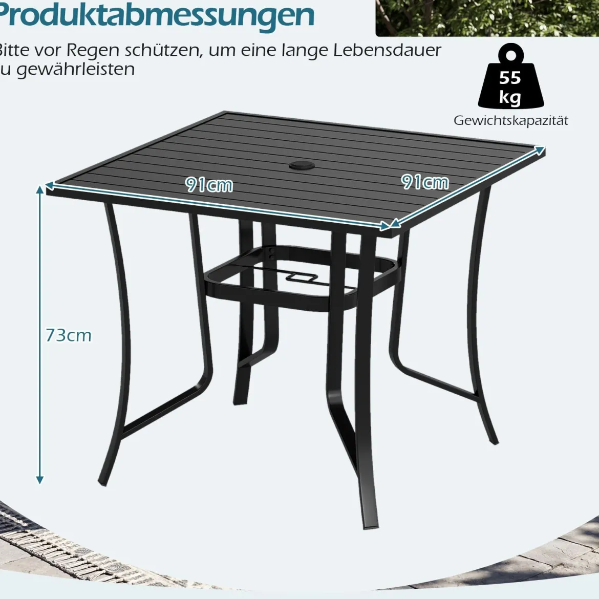 Metall Gartentisch mit Schirmloch Quadratischer Balkontisch für 4 Personen Terrassentisch Schwarz
