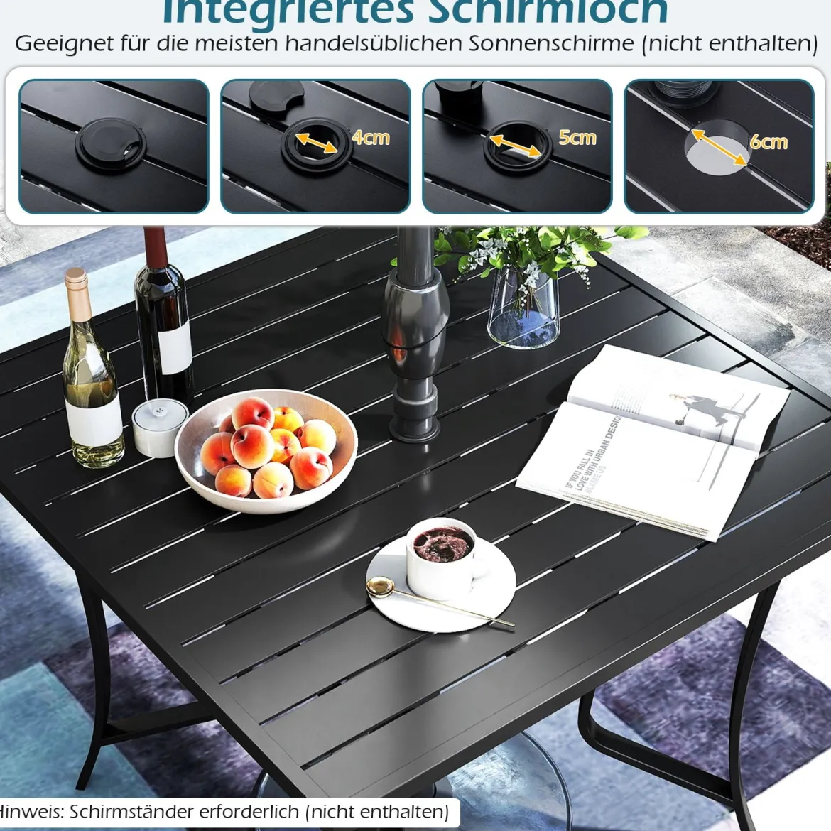 Metall Gartentisch mit Schirmloch Quadratischer Balkontisch für 4 Personen Terrassentisch Schwarz