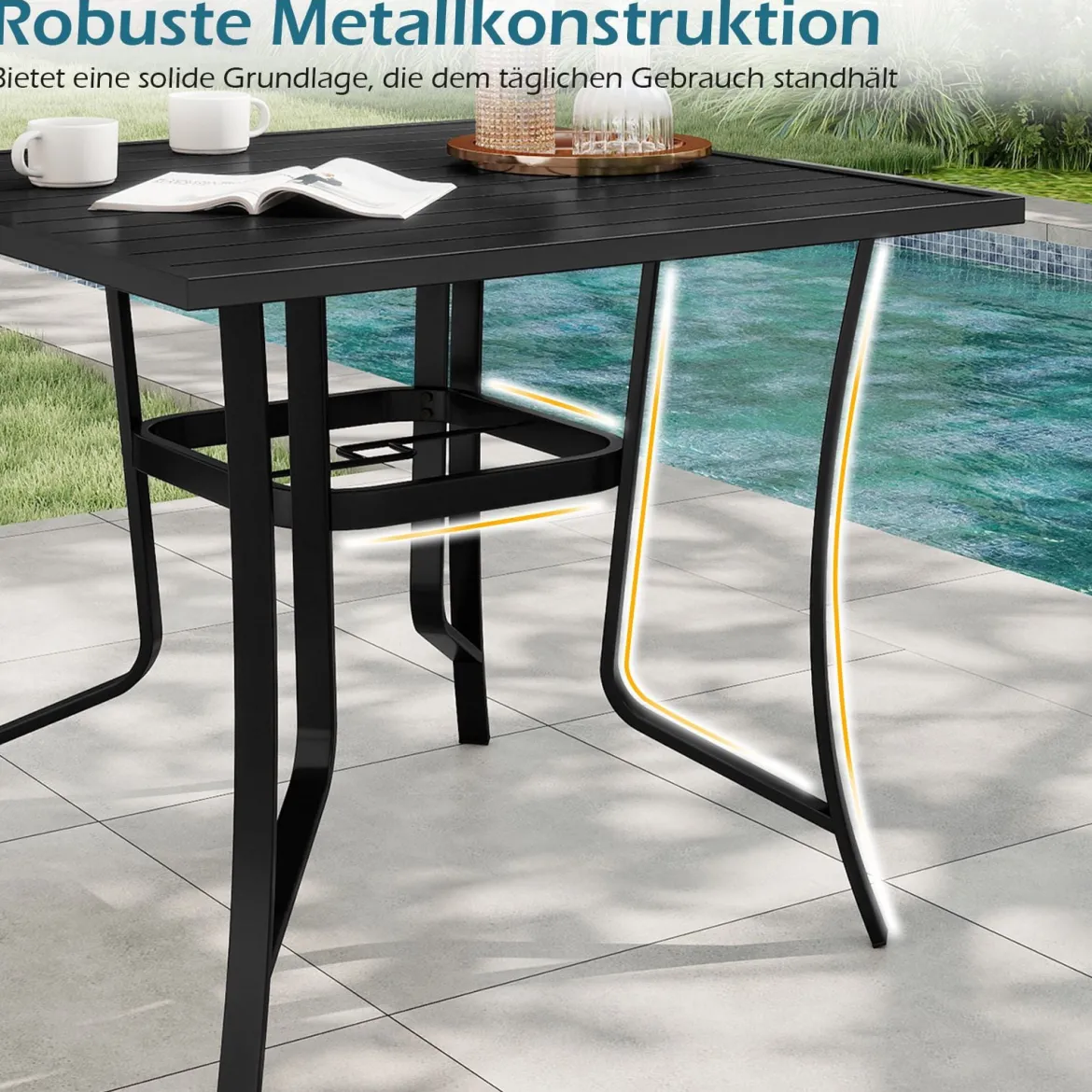 Metall Gartentisch mit Schirmloch Quadratischer Balkontisch für 4 Personen Terrassentisch Schwarz