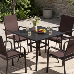 Metall Gartentisch mit Schirmloch Quadratischer Balkontisch für 4 Personen Terrassentisch Schwarz
