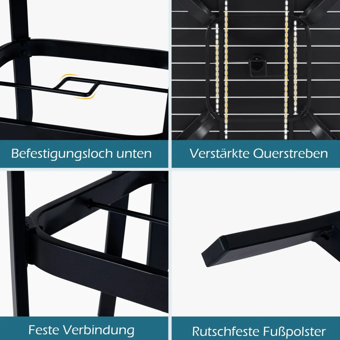 Metall Gartentisch mit Schirmloch Quadratischer Balkontisch für 4 Personen Terrassentisch Schwarz