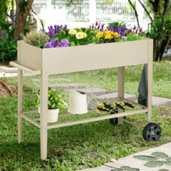 Metall Hochbeet mit Ablage & 2 Rollen & Haken & Griff Erhöhtes Gartenbeet Pflanzkasten Weiß