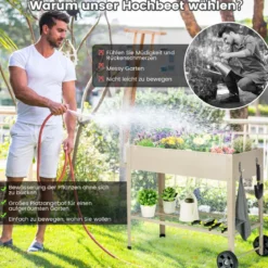 Metall Hochbeet mit Ablage & 2 Rollen & Haken & Griff Erhöhtes Gartenbeet Pflanzkasten Weiß
