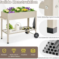 Metall Hochbeet mit Ablage & 2 Rollen & Haken & Griff Erhöhtes Gartenbeet Pflanzkasten Weiß