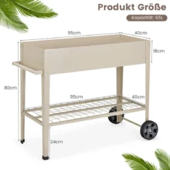 Metall Hochbeet mit Ablage & 2 Rollen & Haken & Griff Erhöhtes Gartenbeet Pflanzkasten Weiß
