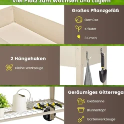 Metall Hochbeet mit Ablage & 2 Rollen & Haken & Griff Erhöhtes Gartenbeet Pflanzkasten Weiß