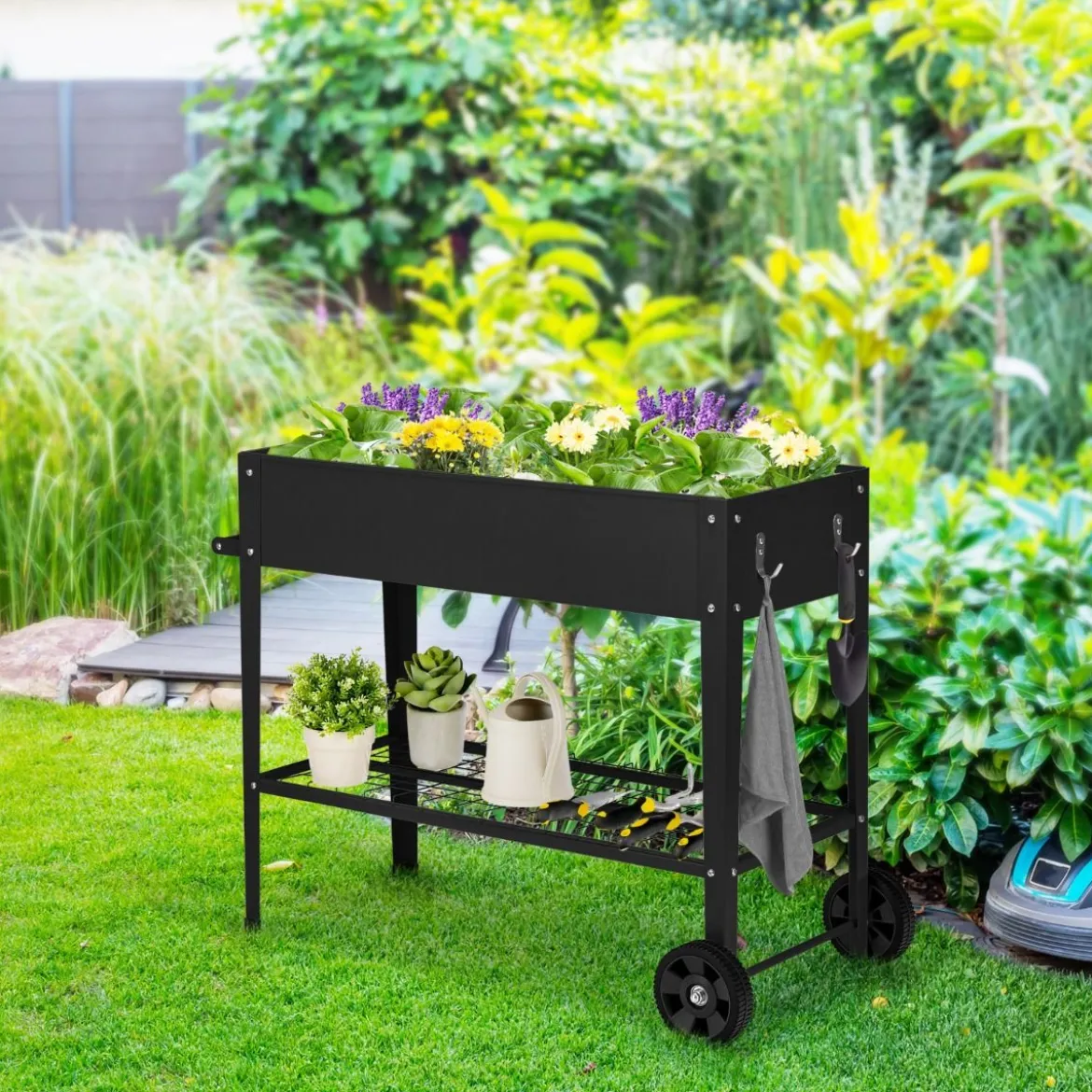 Metall Hochbeet mit Ablage & 2 Rollen & Haken & Griff Erhöhtes Gartenbeet Pflanzkasten Schwarz