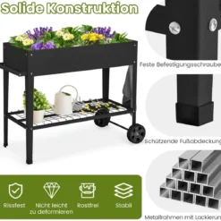 Metall Hochbeet mit Ablage & 2 Rollen & Haken & Griff Erhöhtes Gartenbeet Pflanzkasten Schwarz
