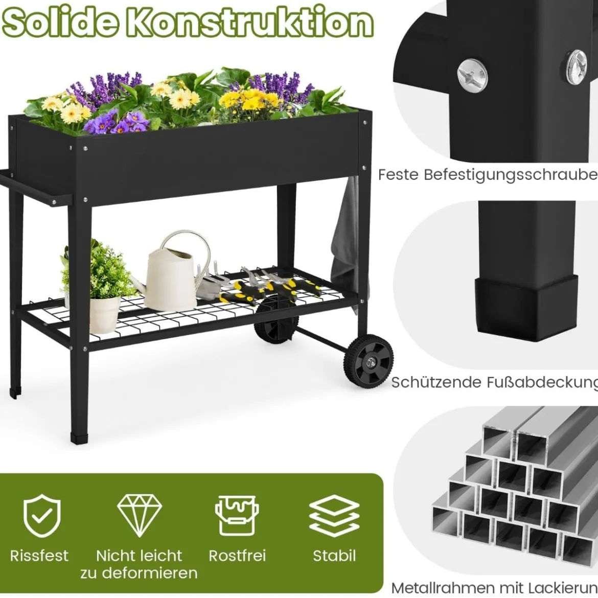 Metall Hochbeet mit Ablage & 2 Rollen & Haken & Griff Erhöhtes Gartenbeet Pflanzkasten Schwarz