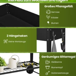 Metall Hochbeet mit Ablage & 2 Rollen & Haken & Griff Erhöhtes Gartenbeet Pflanzkasten Schwarz