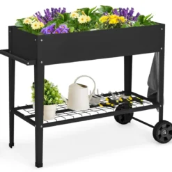 Metall Hochbeet mit Ablage & 2 Rollen & Haken & Griff Erhöhtes Gartenbeet Pflanzkasten Schwarz