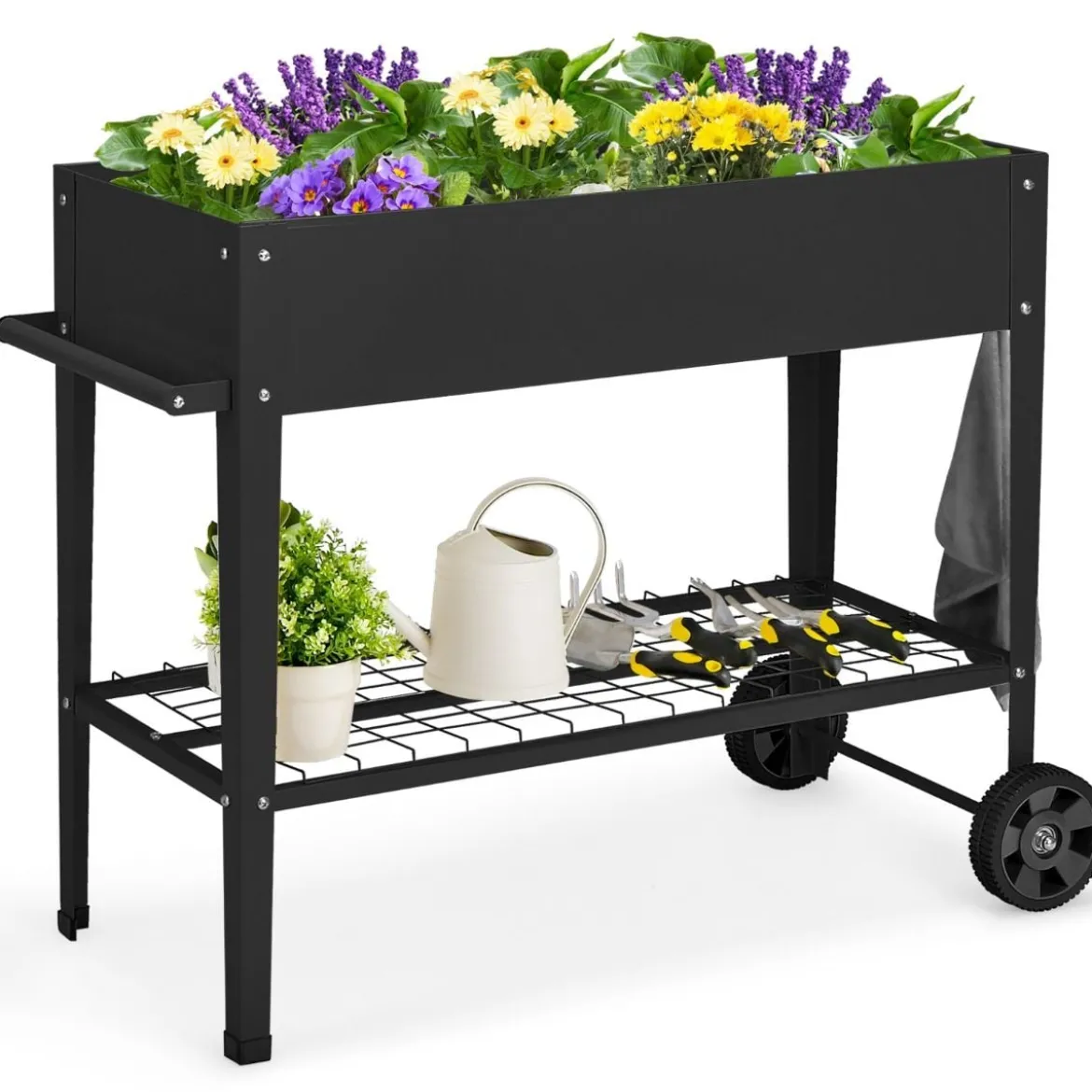 Metall Hochbeet mit Ablage & 2 Rollen & Haken & Griff Erhöhtes Gartenbeet Pflanzkasten Schwarz