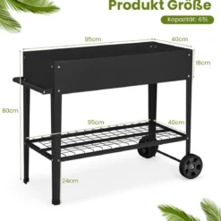 Metall Hochbeet mit Ablage & 2 Rollen & Haken & Griff Erhöhtes Gartenbeet Pflanzkasten Schwarz