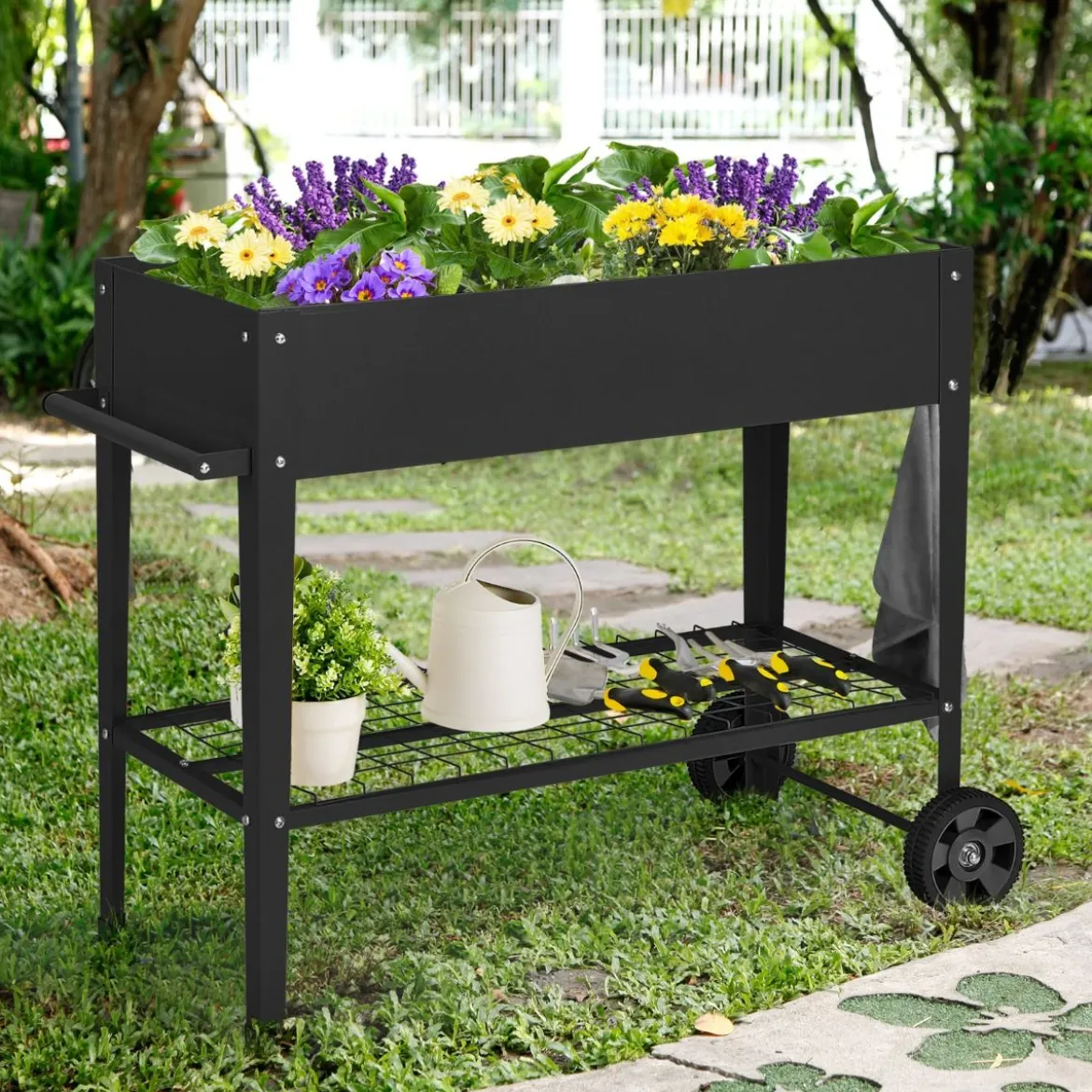 Metall Hochbeet mit Ablage & 2 Rollen & Haken & Griff Erhöhtes Gartenbeet Pflanzkasten Schwarz