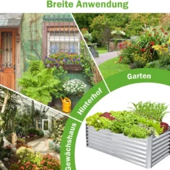 Metall Hochbeet mit 4 Bodenpfählen Pflanzkasten Rechteckiges Frühbeet für Gemüse Silber