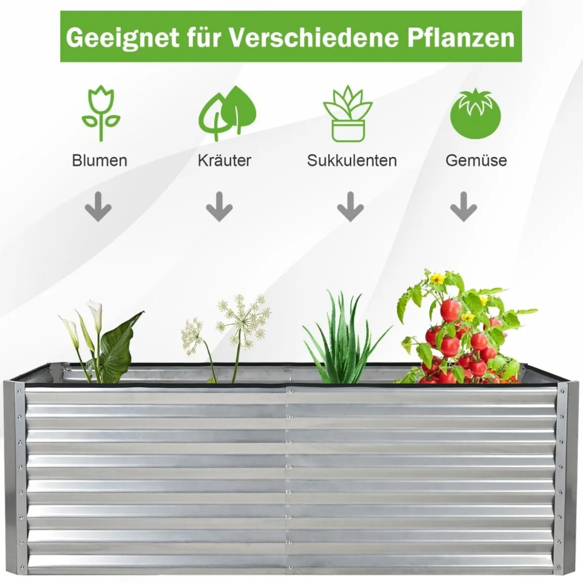 Metall Hochbeet mit 4 Bodenpfählen Pflanzkasten Rechteckiges Frühbeet für Gemüse Silber