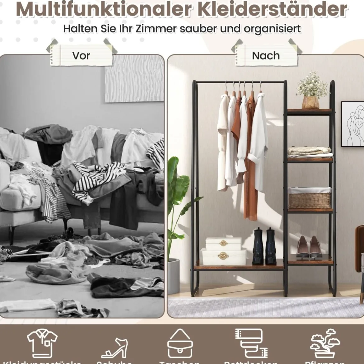 Metall Kleiderständer mit 4 Regalen Moderner Tragbarer Kleiderschrank-Organizer Braun