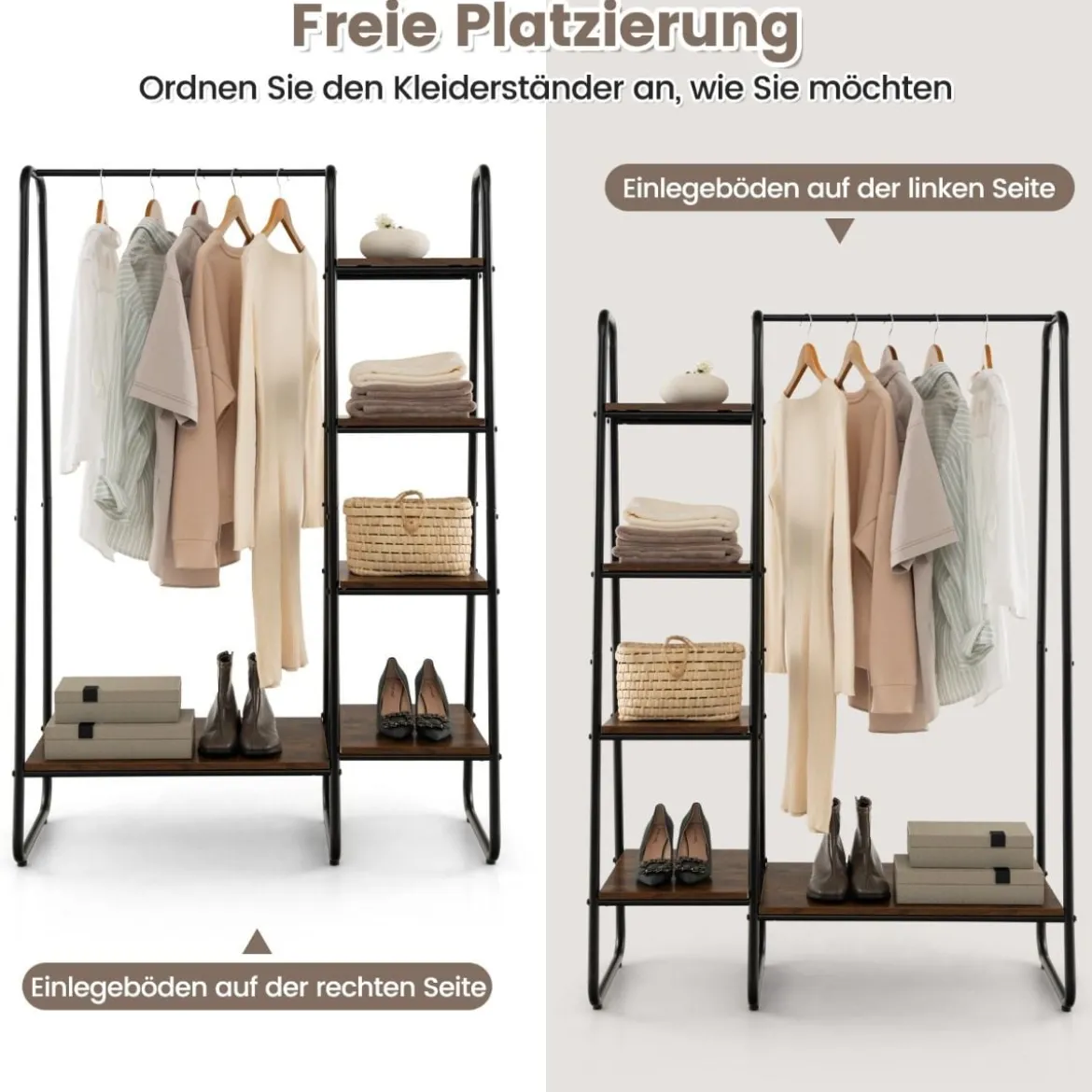 Metall Kleiderständer mit 4 Regalen Moderner Tragbarer Kleiderschrank-Organizer Braun