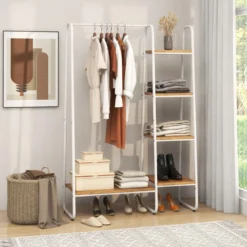 Metall Kleiderständer mit 4 Regalen Moderner Tragbarer Kleiderschrank-Organizer Natur
