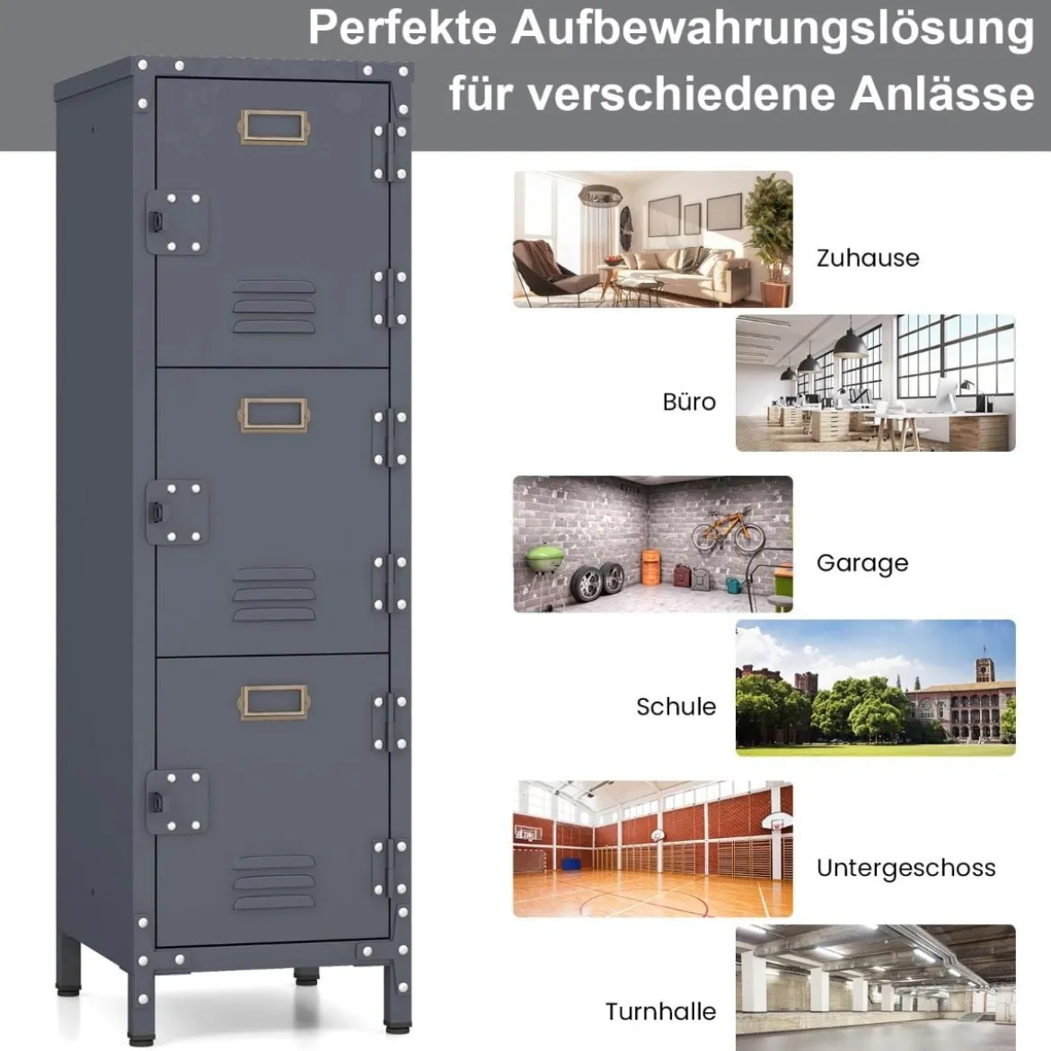Metall Lagerspind mit 3 verschließbaren Türen & verstellbaren Füßen Industrieschrank Vintage