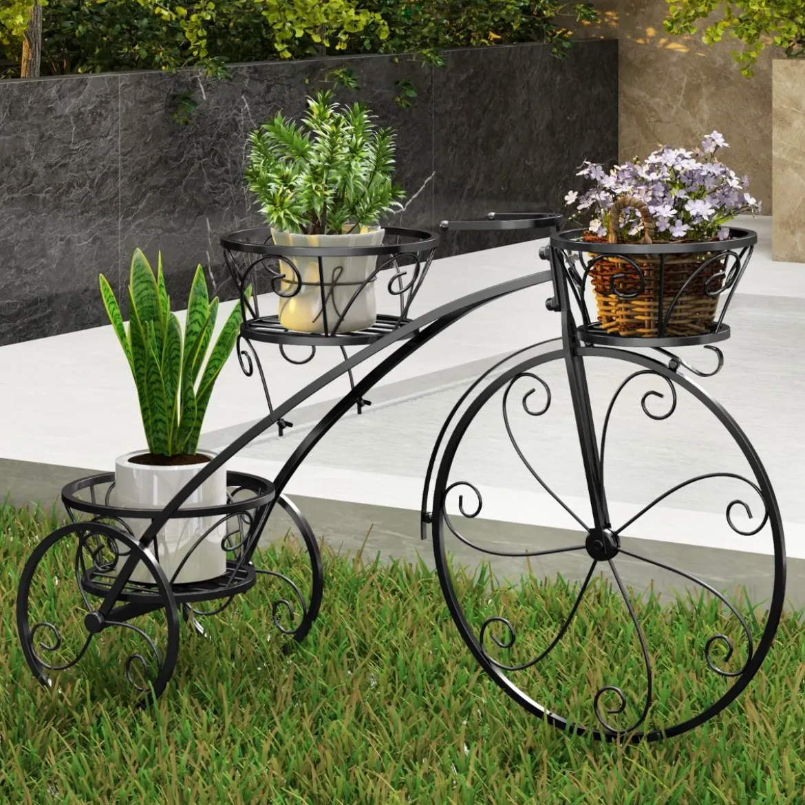 Metall Pflanzenständer mit Fahrrad-Design Blumenregal mit 3 Körben Blumenständer