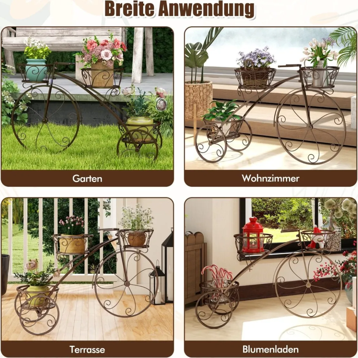 Metall Pflanzenständer mit Fahrrad-Design Blumenregal mit 3 Körben Blumenständer