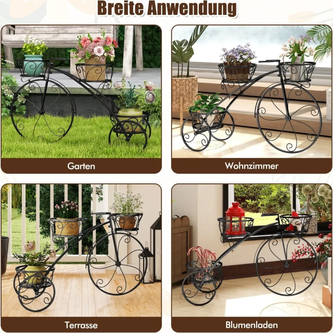 Metall Pflanzenständer mit Fahrrad-Design Blumenregal mit 3 Körben Blumenständer