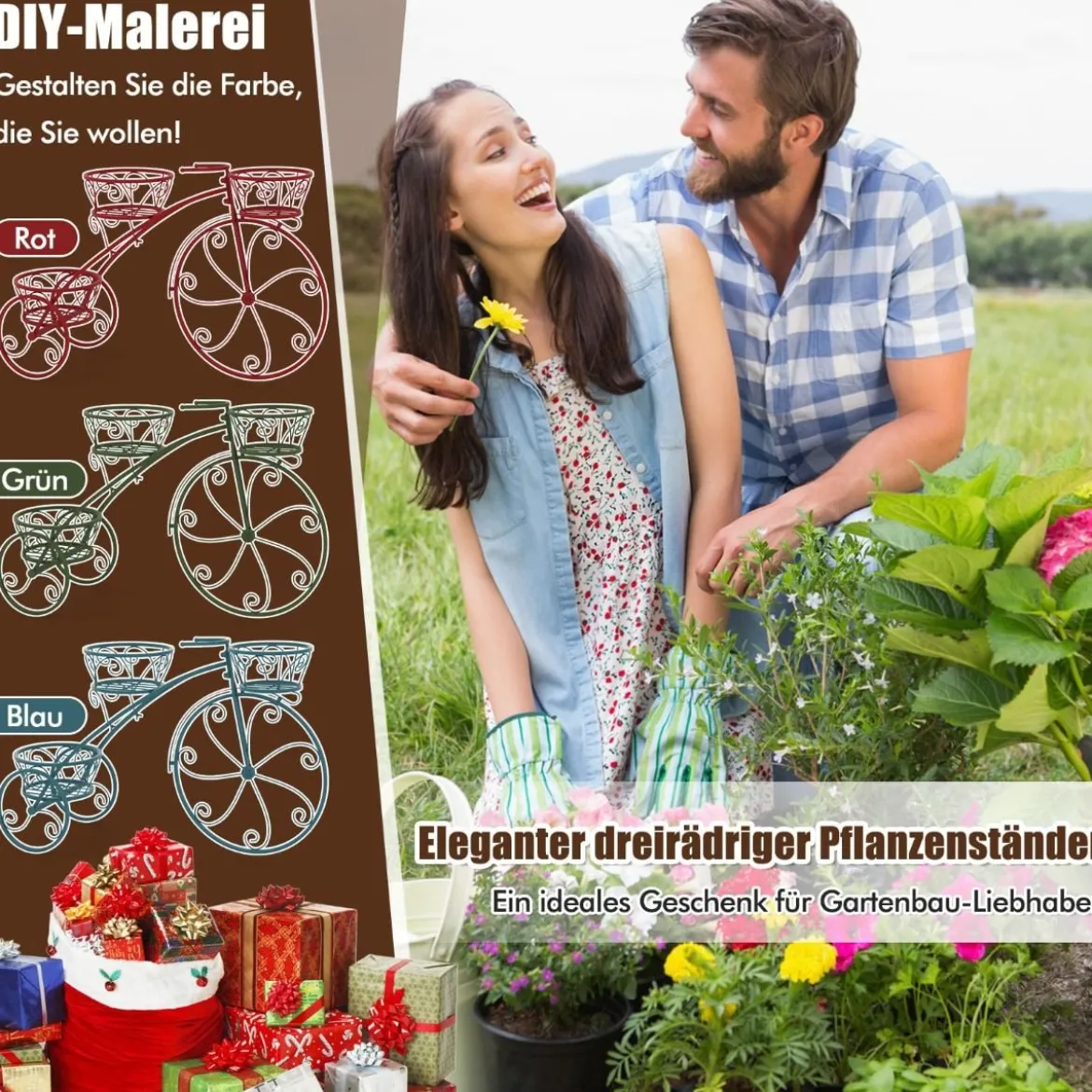 Metall Pflanzenständer mit Fahrrad-Design Blumenregal mit 3 Körben Blumenständer