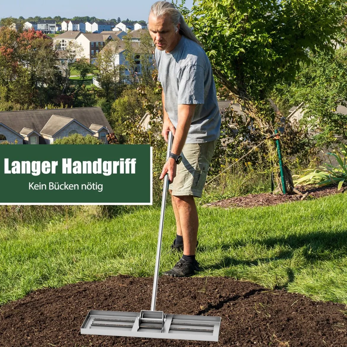 Metall Rasen Nivellierrechen mit Ergonomischem Griff für den Boden Rasenrechen 75 x 25 cm