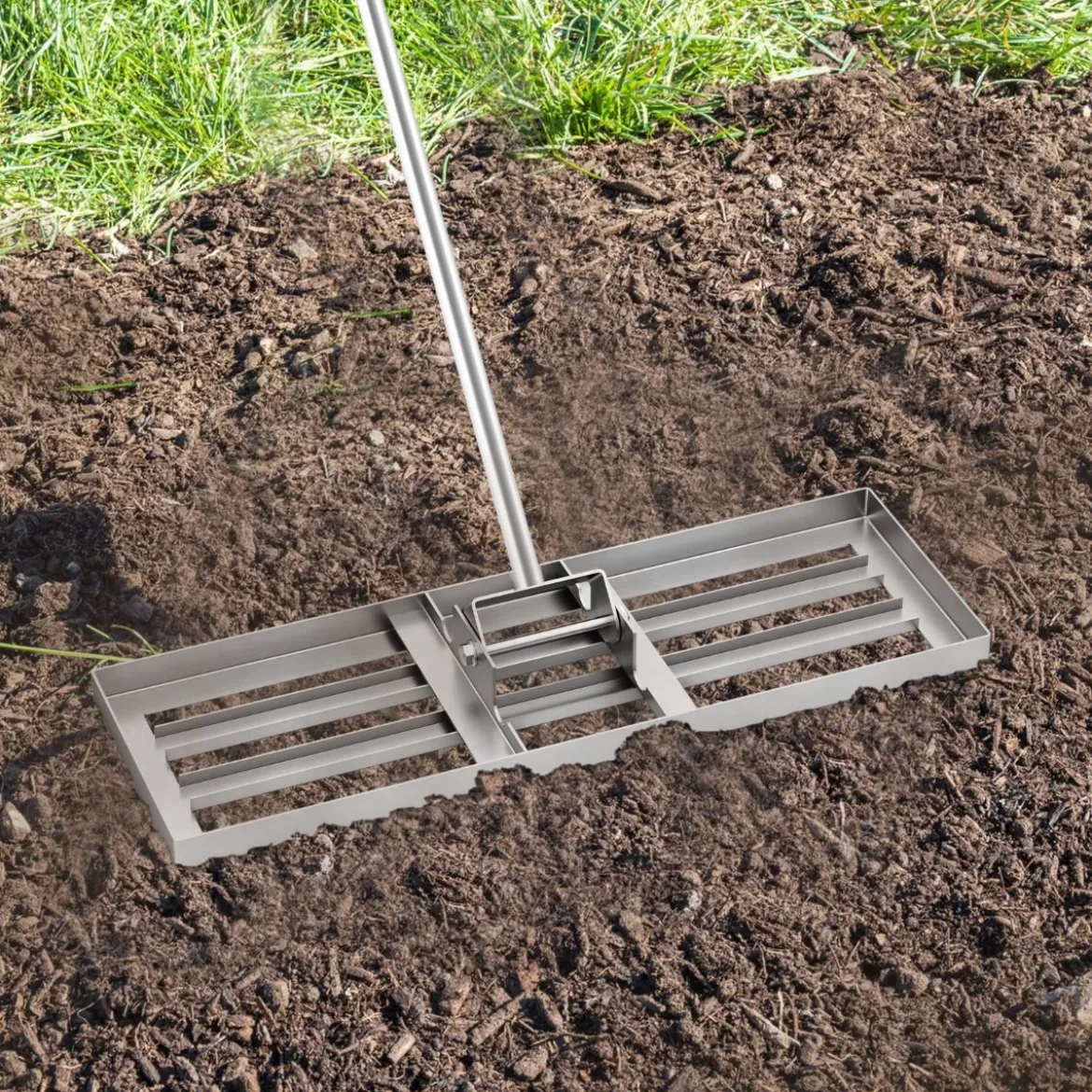 Metall Rasen Nivellierrechen mit Ergonomischem Griff für den Boden Rasenrechen 75 x 25 cm
