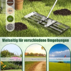Metall Rasen Nivellierrechen mit Ergonomischem Griff für den Boden Rasenrechen 75 x 25 cm