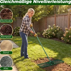 Metall Rasen Nivellierrechen mit Ergonomischem Griff für den Boden Rasenrechen 75 x 25 cm