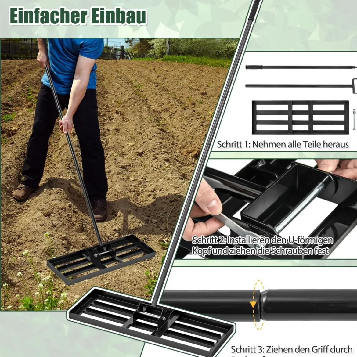 Metall Rasen Nivellierrechen mit Ergonomischem Griff für den Boden Rasenrechen 75 x 25 cm