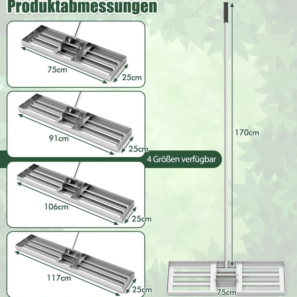 Metall Rasen Nivellierrechen mit Ergonomischem Griff für den Boden Rasenrechen 75 x 25 cm